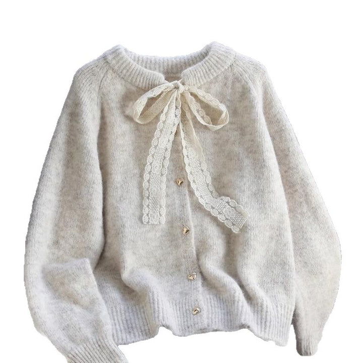 Damen kuschelige Strickjacke mit Herzknopf-Details und Schleifenakzent Drune
