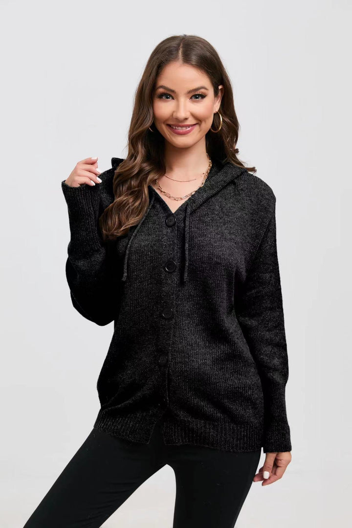 Damen Kapuzenstrickjacke mit Knopfverschluss und breitem Rippmuster Drune