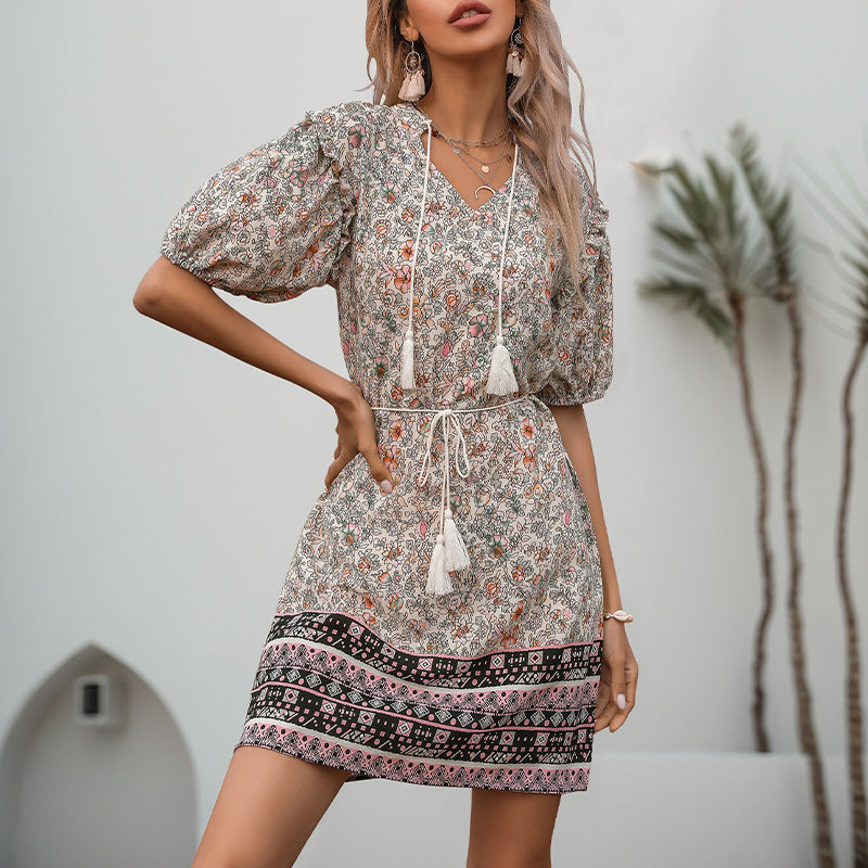Damen Sommerkleid mit Rüschendetails und verstellbarem Taillenzug Drune