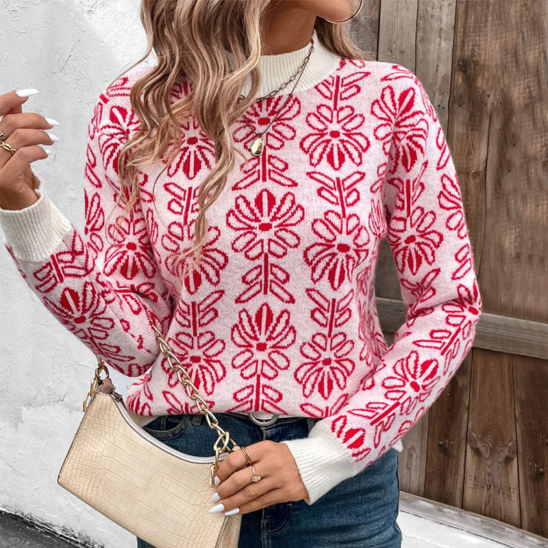 Damen Strickpullover mit floralem Muster und Stehkragen Drune