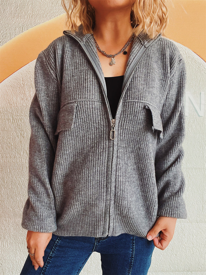 Damen lässige Strickjacke mit praktischen Taschen und hohem Kragen Drune