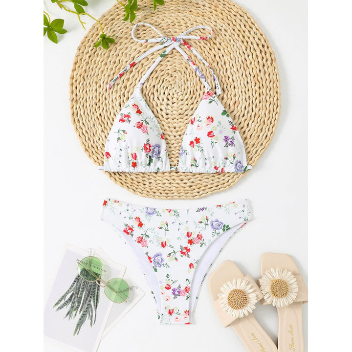 Damen Triangel-Bikini mit floralem Oberteil und Karomuster Drune