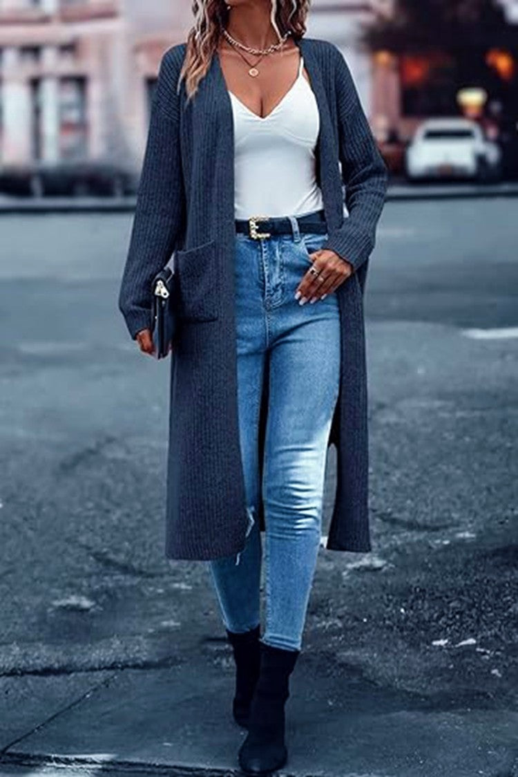 Damen Strickmantel mit langen Ärmeln und praktischen Taschen Drune