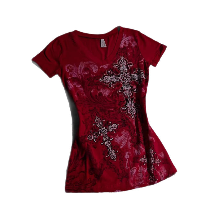 Damen T-Shirt mit dekorativem Kreuzdesign und floralen Akzenten Drune