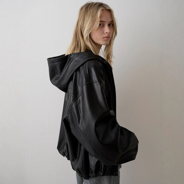 Damen Lässige Kunstlederjacke mit Kapuze Drune