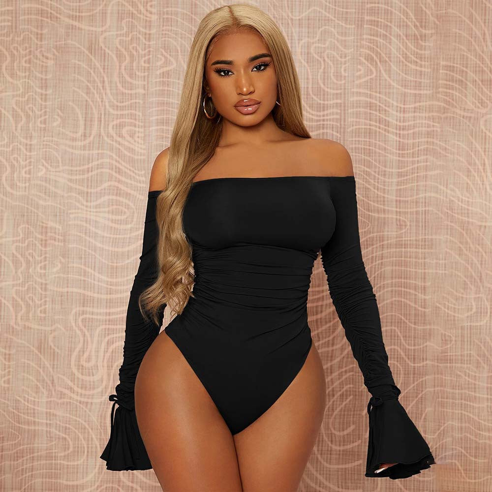 Damen eleganter Off-Shoulder Bodysuit mit Rüschendetails und langen Ärmeln Drune