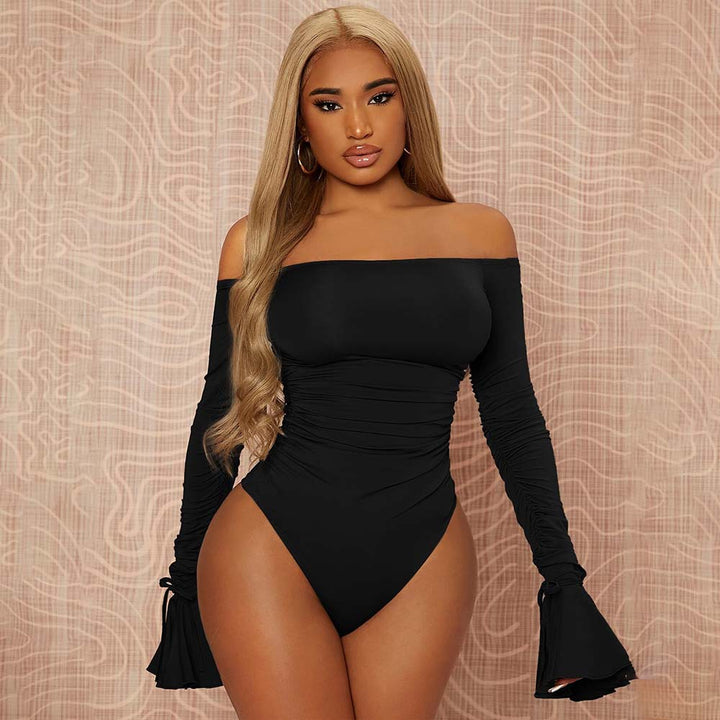 Damen eleganter Off-Shoulder Bodysuit mit Rüschendetails und langen Ärmeln Drune