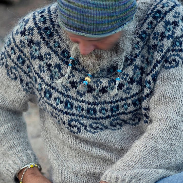 Damen nan melierter Rundhalsausschnittpullover mit kreisförmigem Jacquard-Yoke und geripptem Saum Drune