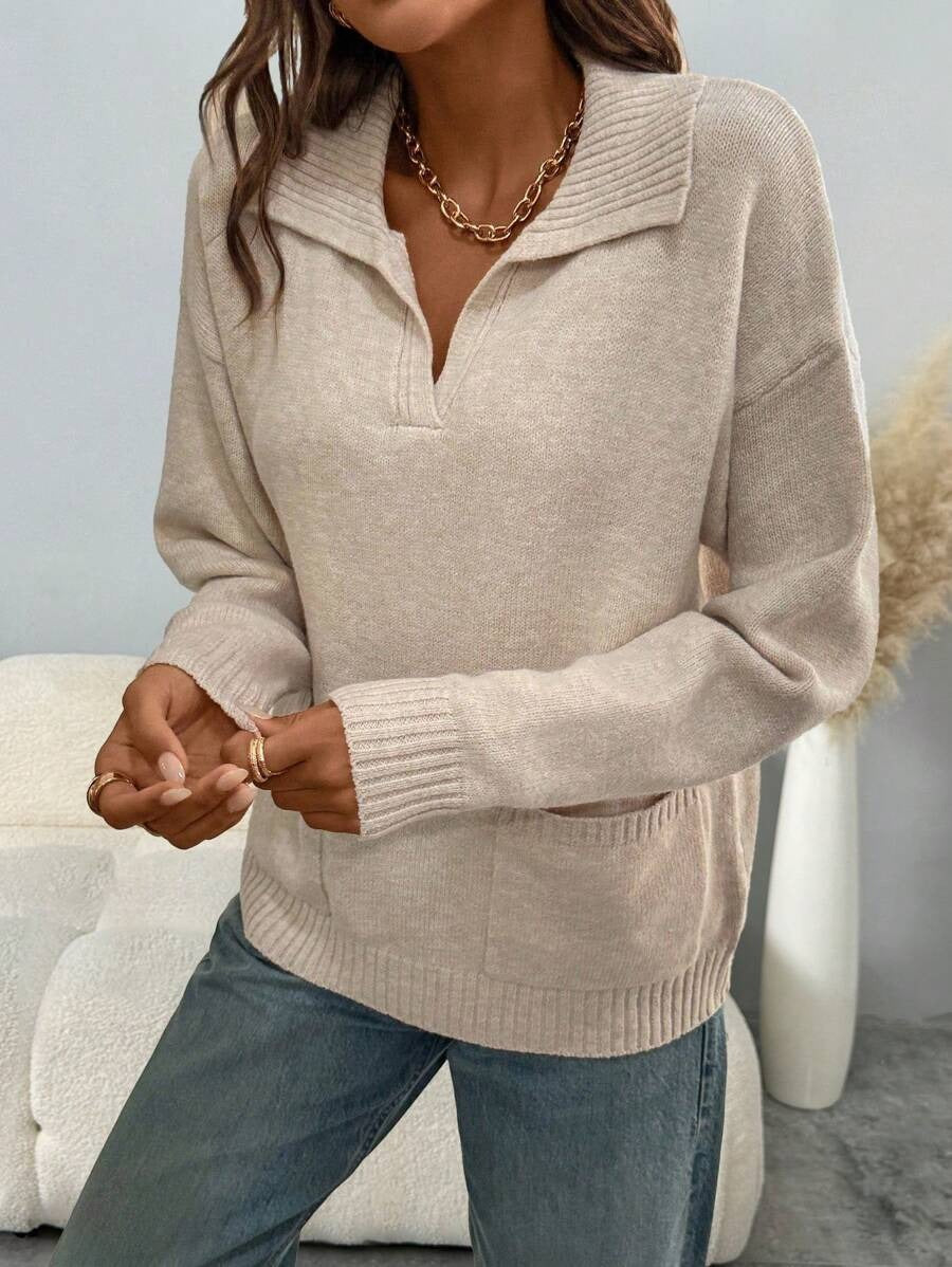 Damen kuscheliger Pullover mit Reverskragen und aufgesetzten Taschen Drune