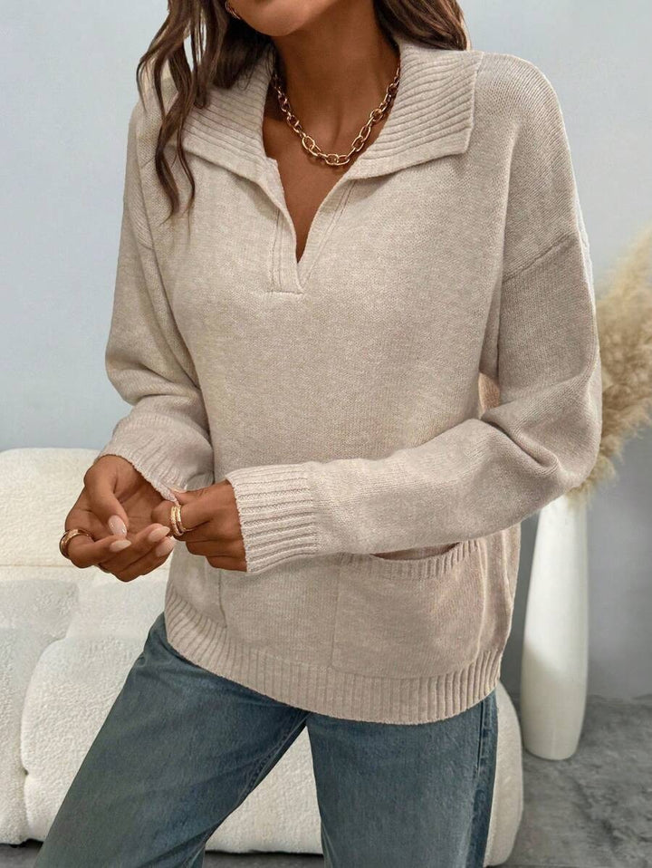 Damen kuscheliger Pullover mit Reverskragen und aufgesetzten Taschen Drune