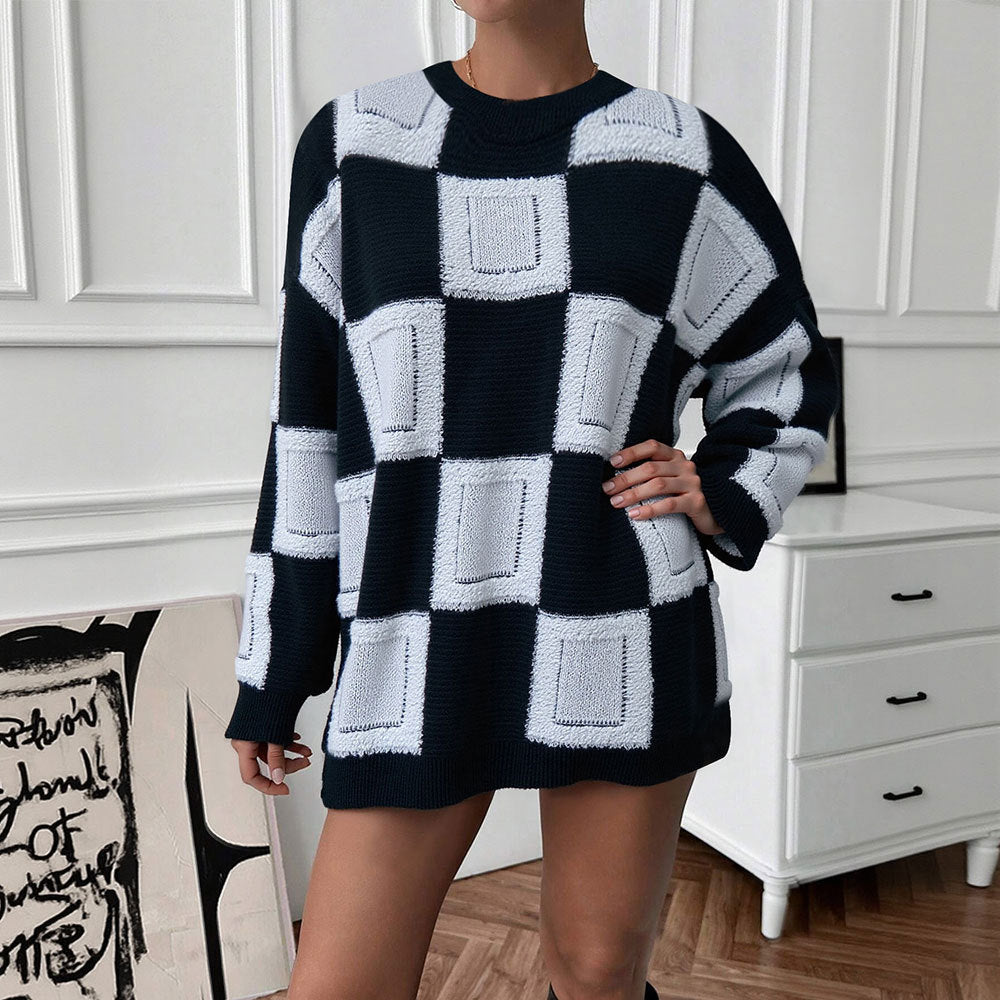 Damen Oversized Pullover mit geometrischem Muster und elastischen Bündchen Drune