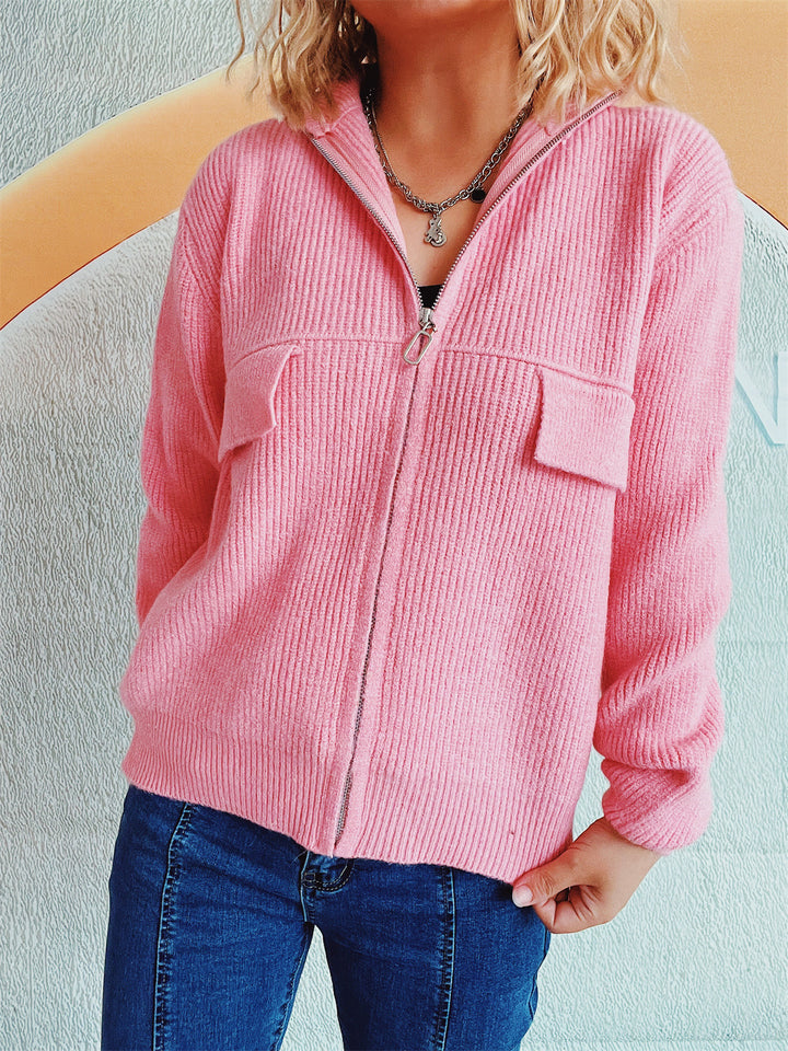 Damen lässige Strickjacke mit praktischen Taschen und hohem Kragen Drune