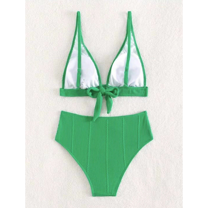 Damen Hochgeschnittener Bikini mit elegantem V-Ausschnitt und geripptem Design Drune