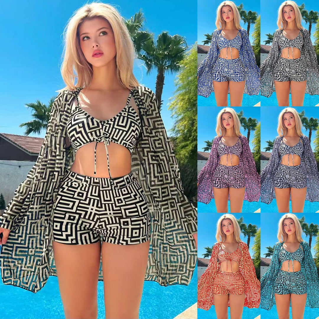 Damen modisches Bikini-Set mit geometrischen Mustern und transparenter Strandjacke Drune