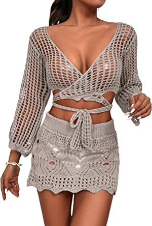Damen gehäkeltes Crop-Top und Minirock-Set mit eleganten Binde-Details Drune