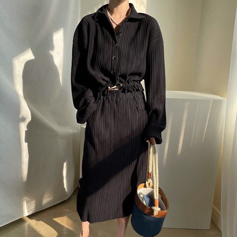 Damen Langarmhemdkleid mit taillierbarem Design und elegantem Strukturstoff Drune