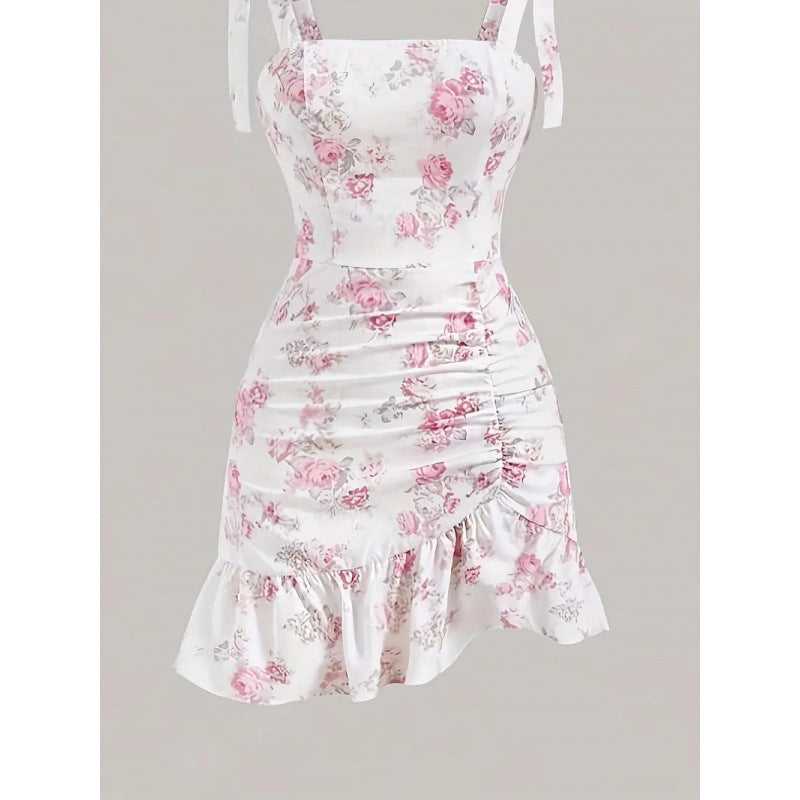 Damen Spaghettiträger Mini-Kleid mit floralem Design und Rüschensaum Drune