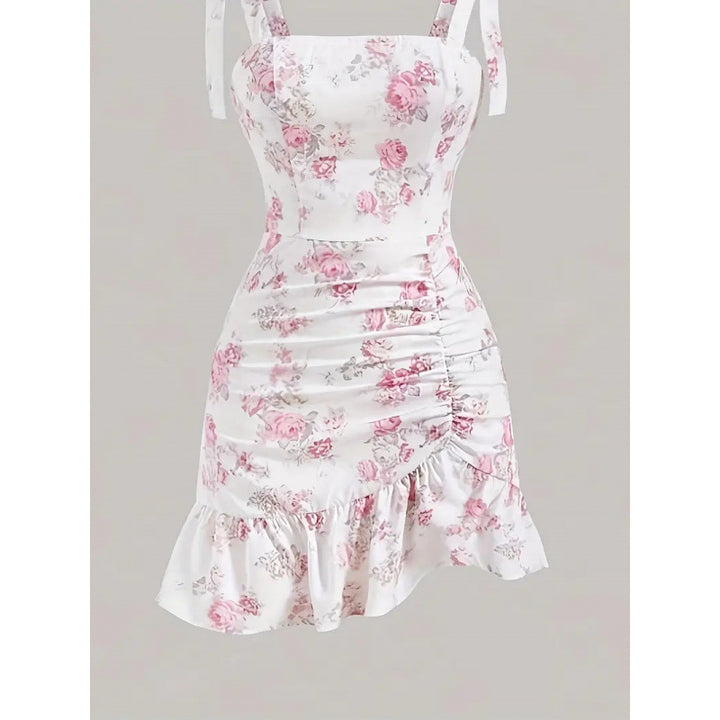 Damen Spaghettiträger Mini-Kleid mit floralem Design und Rüschensaum Drune