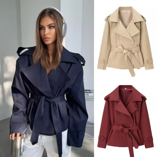 Damen nan kurzer taillierter Trenchcoat mit Bindegürtel, großem Revers und Manschettenriegel Drune