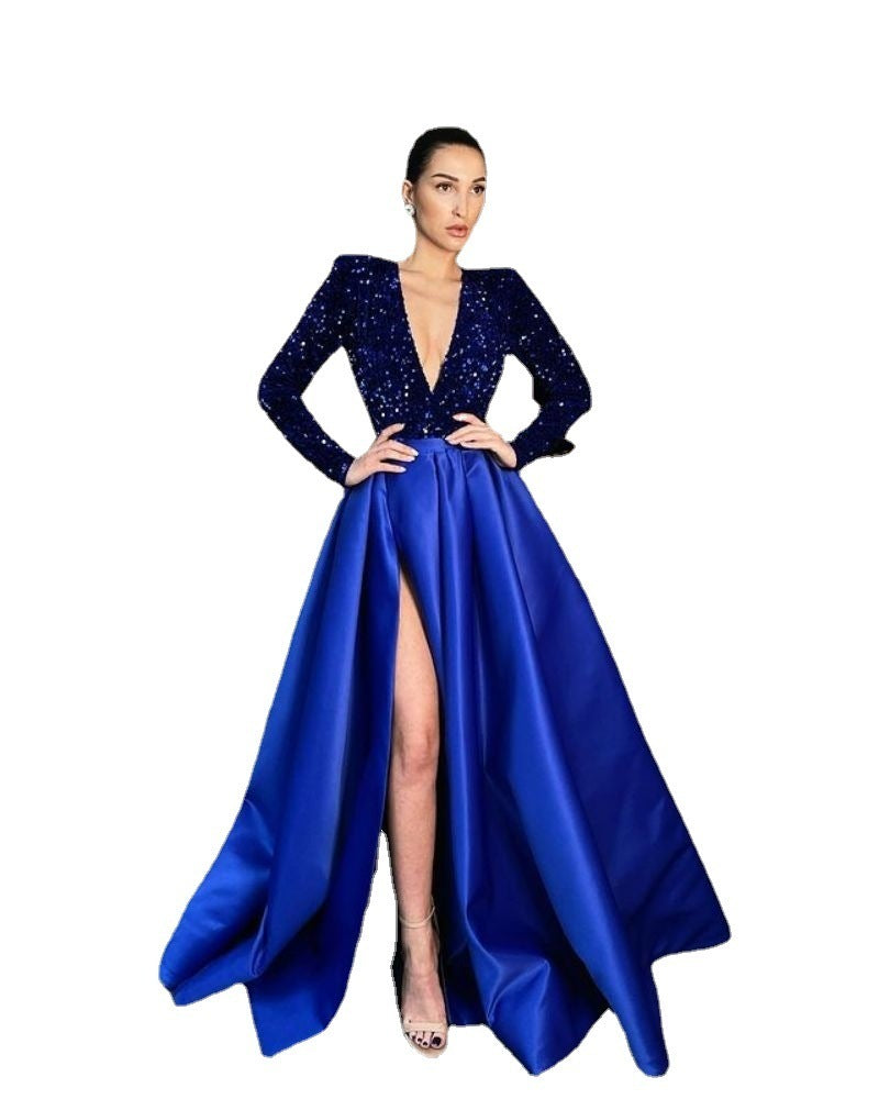 Damen Glamouröser Abendkleid mit tiefem V-Ausschnitt und schimmernden Akzenten Drune