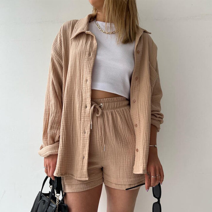 Damen nan lässiges oversized Hemd und Shorts Set mit Brusttasche Kordelbund und gerauter Baumwollstruktur Drune