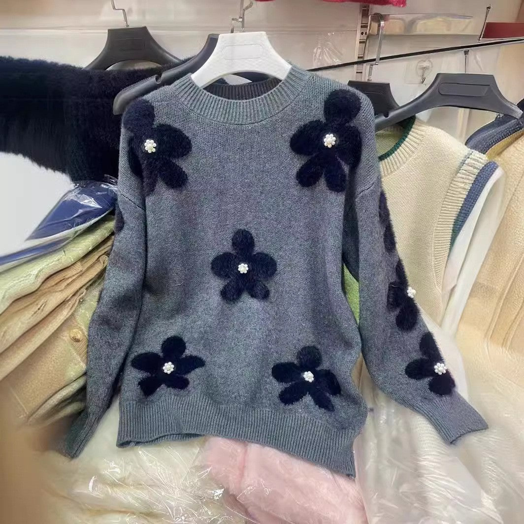 Damen kuscheliger Strickpullover mit Perlenakzenten Drune