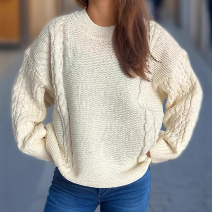 Damen Grobstrickpullover mit Zopf-Design und voluminösen Ärmeln Drune