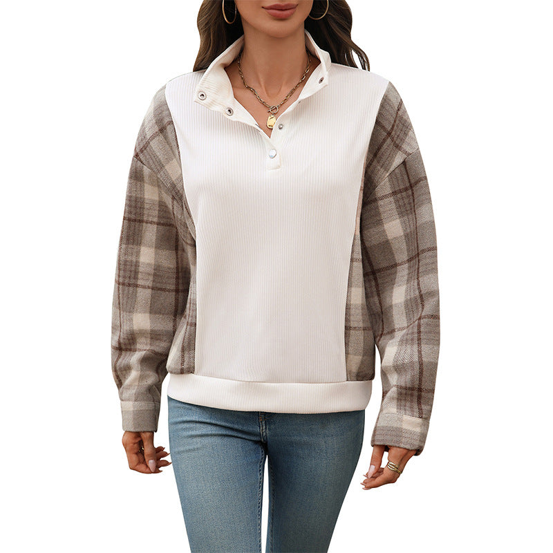 Damen modischer Sweatshirt mit Karomuster und Knopfdetails Drune