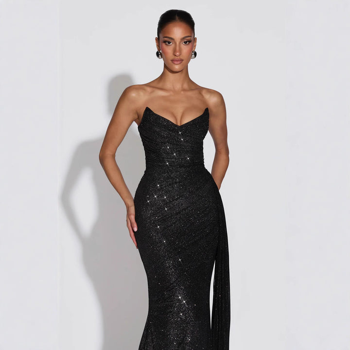 Damen Glamouröses Abendkleid mit tiefem V-Ausschnitt und schimmerndem Überwurf Drune