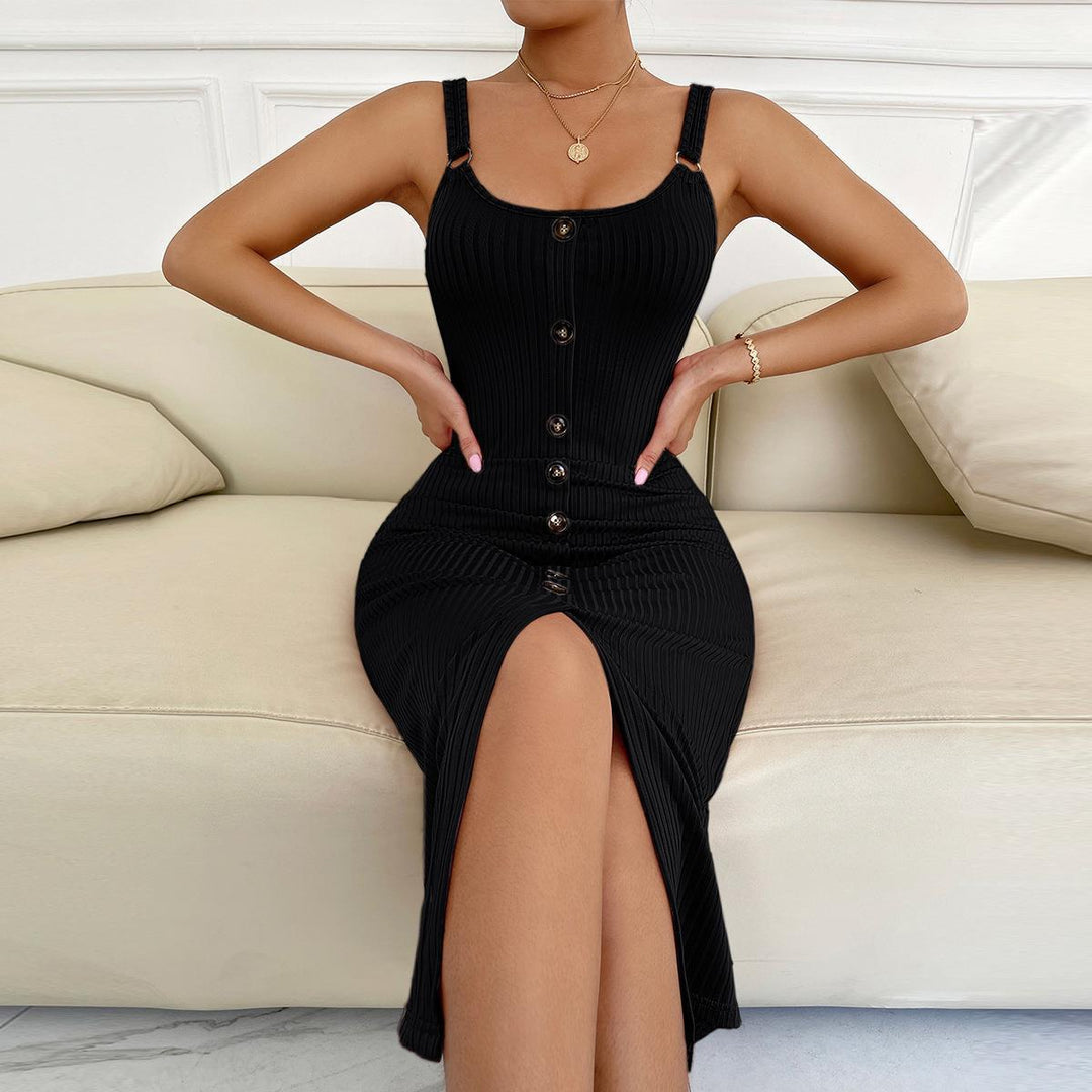 Damen knielanges figurbetontes Kleid mit Knopfleiste und Spaltung Drune