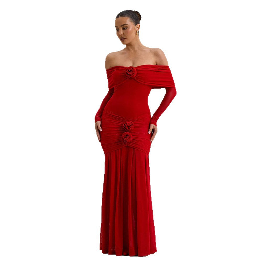 Damen Maxikleid mit schulterfreier Silhouette und dekorativen Rosen Drune