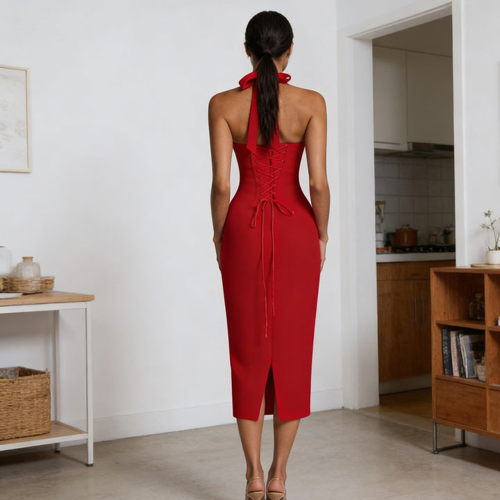 Damen Elegantes Langarm-Kleid mit raffinierter Schnürung Drune