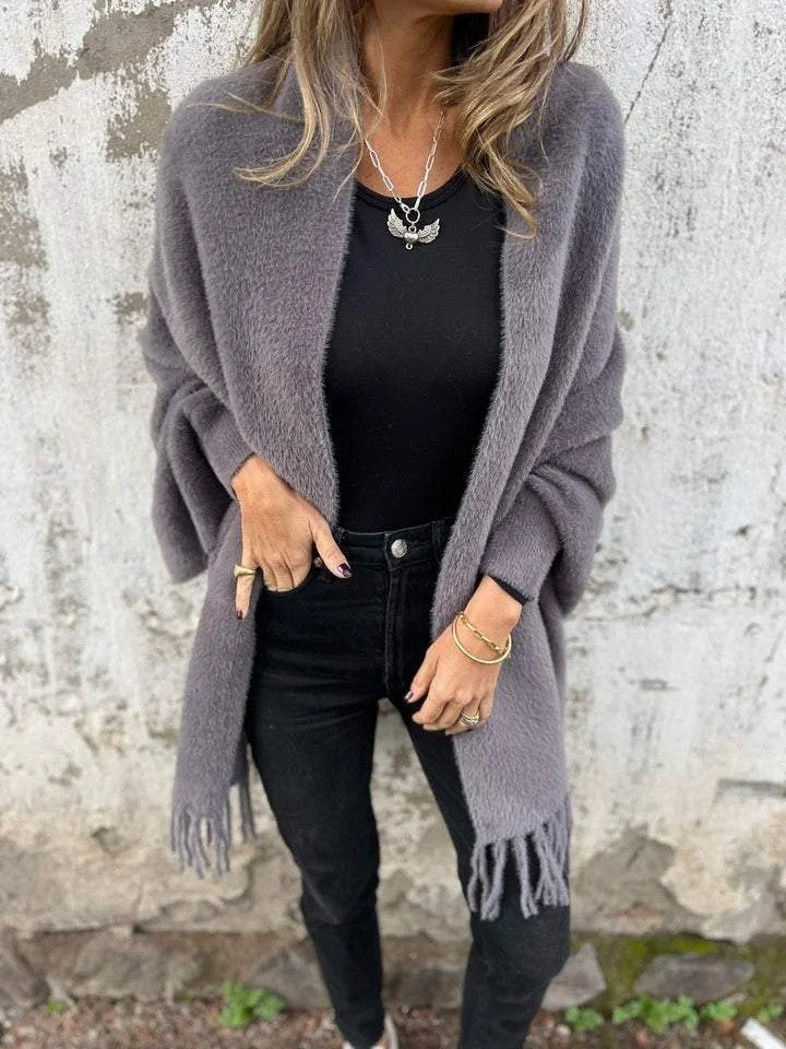 Damen nan langer kuscheliger Fransen-Cardigan mit Schalkragen und Oversize-Passform Drune