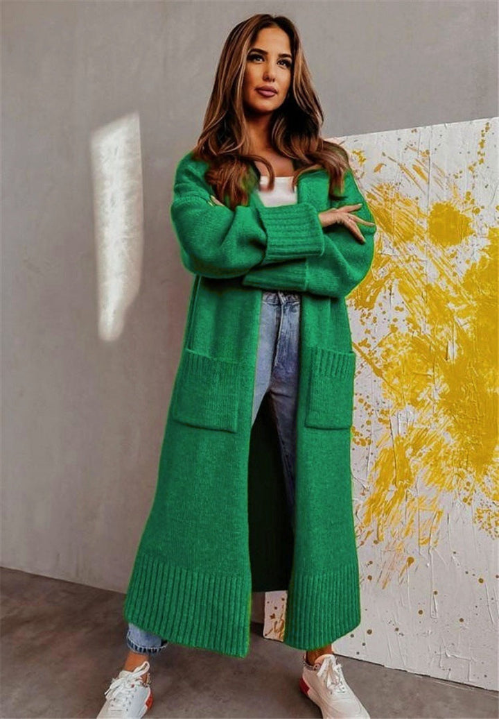 Drune | Lange Strickjacke Strickstoff Lockere Passform Offene Vorderseite Seitliche Taschen
