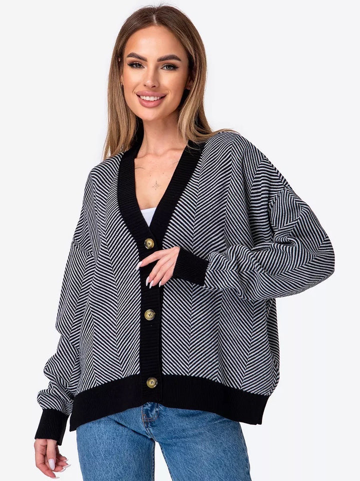 Damen modischer Strickcardigan im Chevron-Muster mit eleganter Knopfleiste Drune