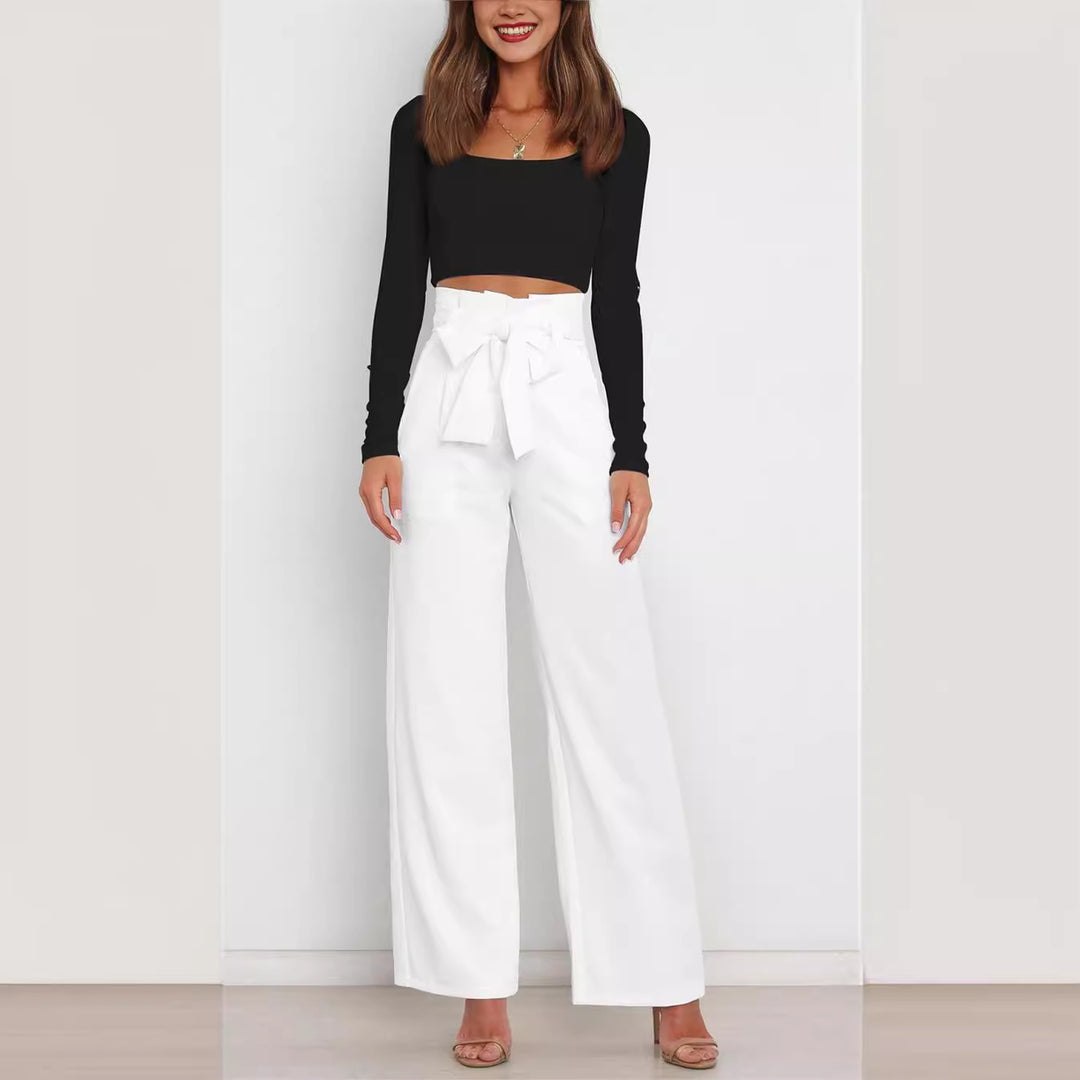 Damen Weite Stoffhose mit Bindegürtel und eleganten Taschen Drune