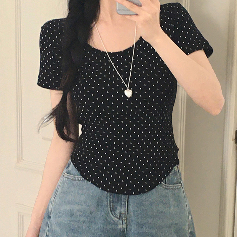 Damen Polka-Dot Shirt mit Rundhalsausschnitt und figurbetontem Schnitt Drune
