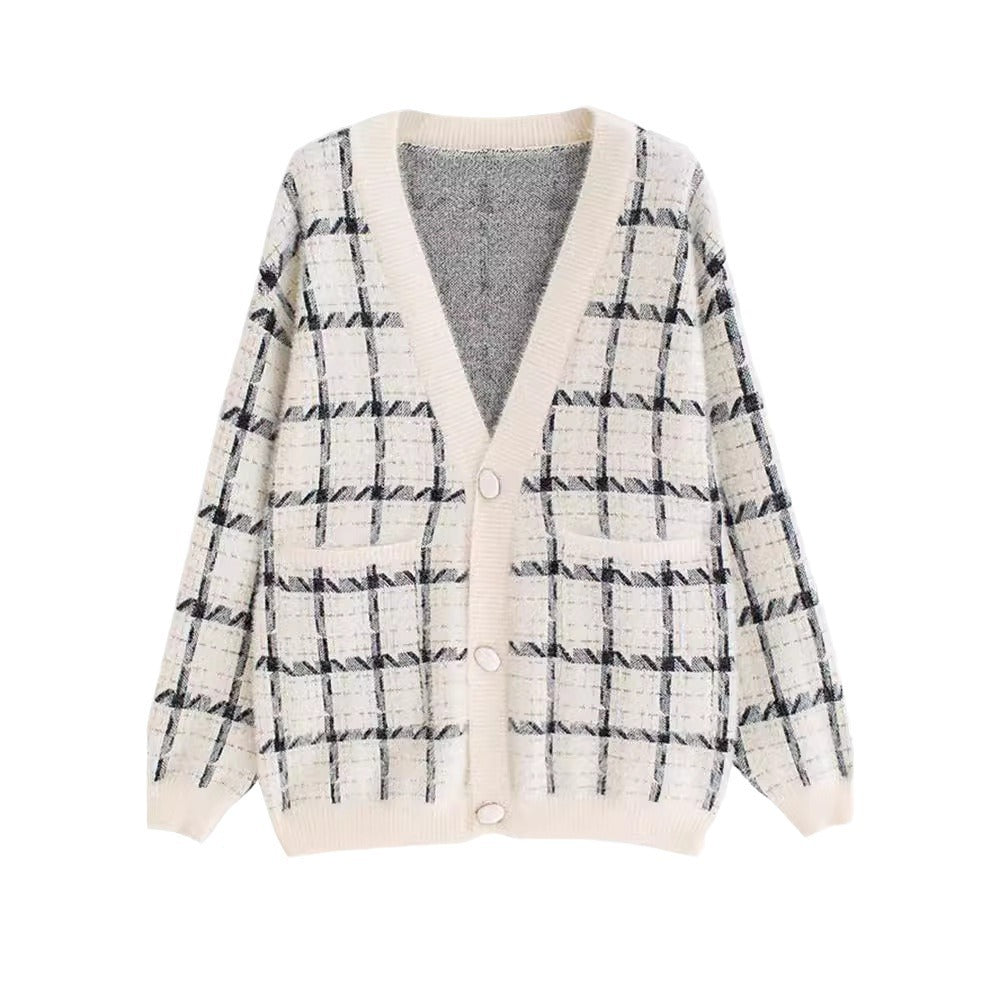 Damen Kuscheliger Oversized-Strickcardigan mit Karomuster Drune