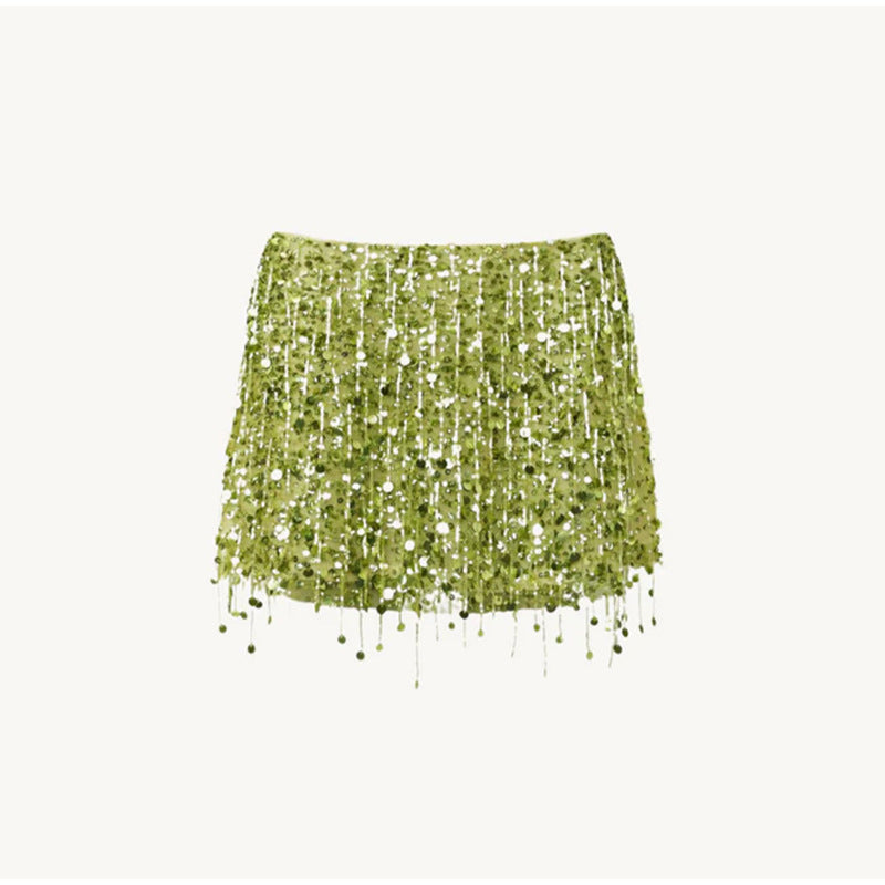 Damen Glitzerndes Crop-Top und Minirock-Set mit Fransen Drune