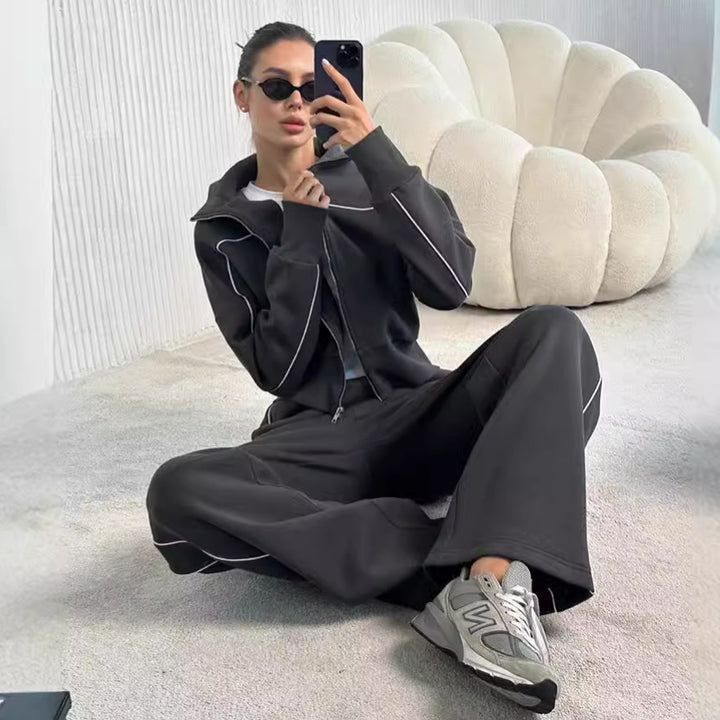 Damen nan zweiteiliges Sport-Loungewear-Set mit Stehkragen und Kontrastpaspel Drune