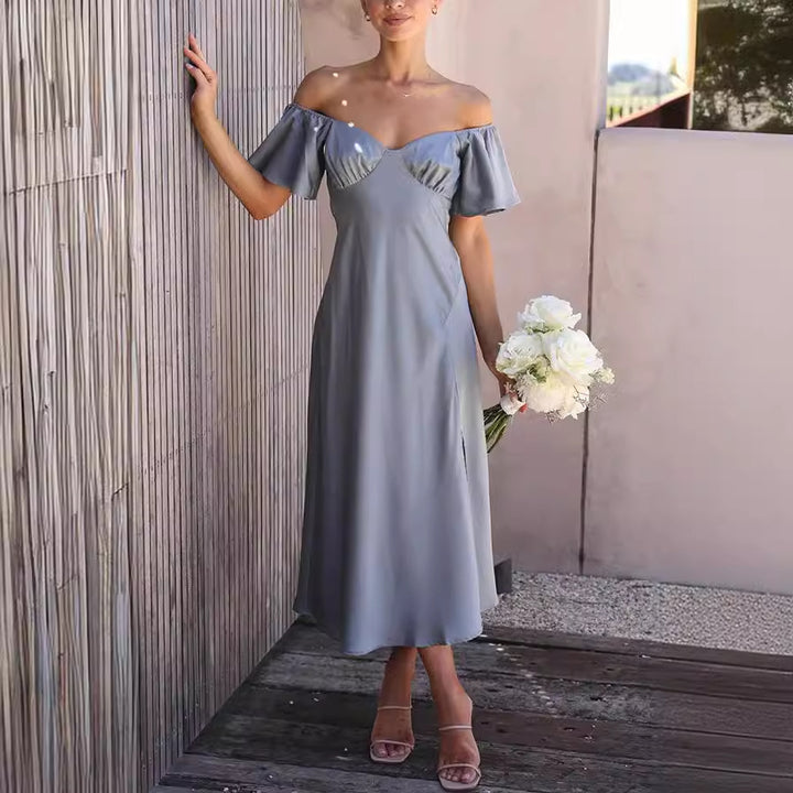 Damen Off-Shoulder Midi-Kleid mit voluminösen Ärmeln und eleganten Akzenten Drune