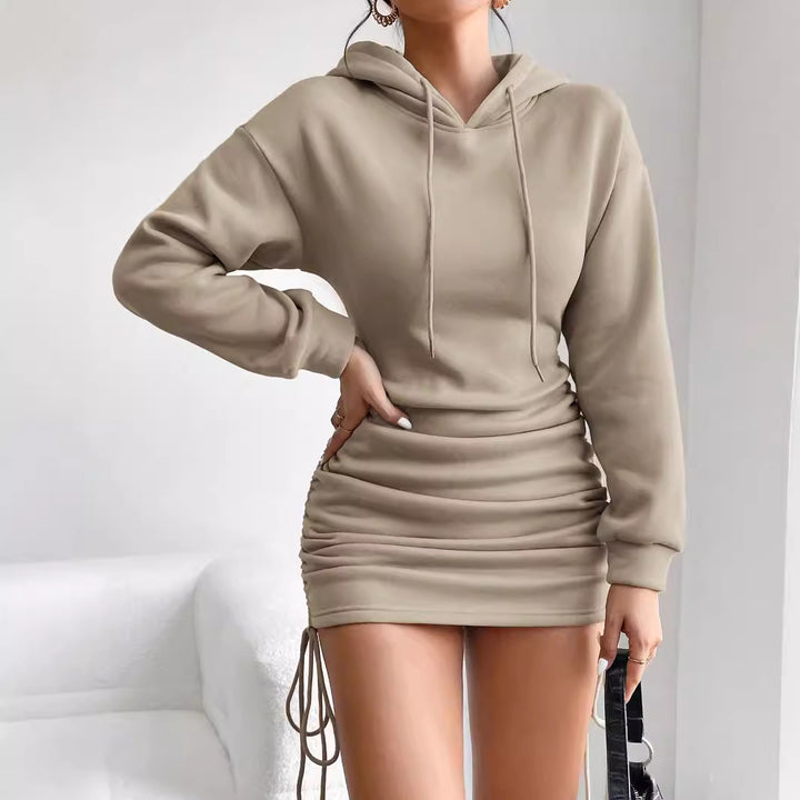 Damen Kapuzenkleid mit seitlichem Raffungsdesign und verstellbarem Kordelzug Drune