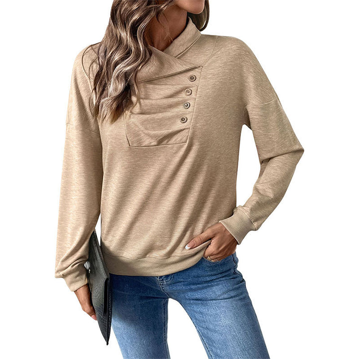 Damen lässiger Strickpullover mit modischem Kragen und Knopfdetails Drune