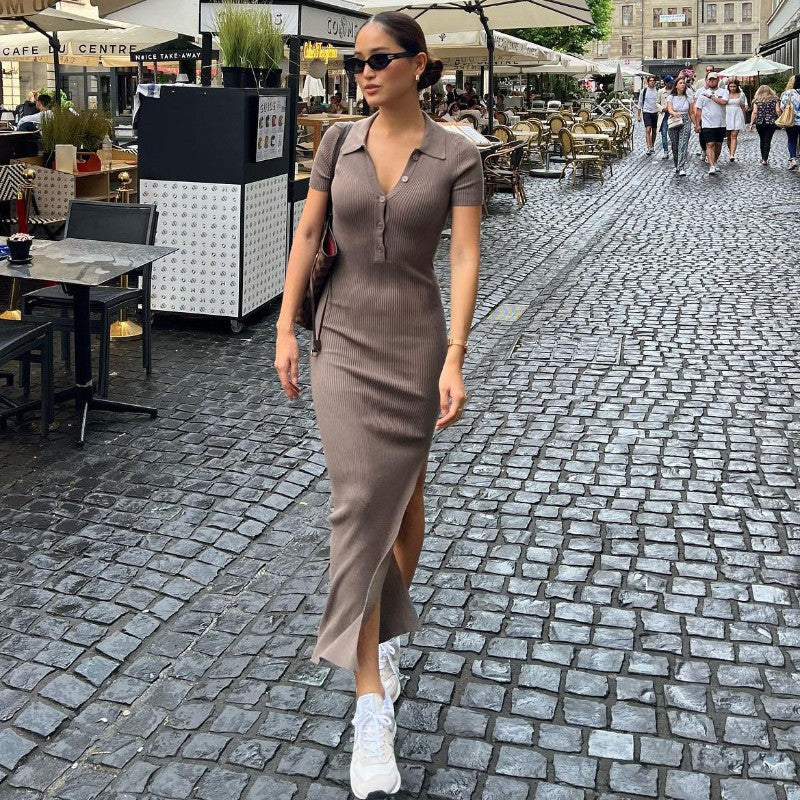 Damen Maxikleid mit kurzem Arm und klassischem Kragen Drune