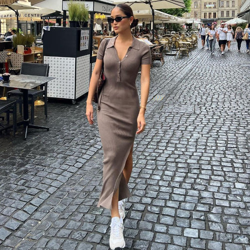 Damen Maxikleid mit kurzem Arm und klassischem Kragen Drune