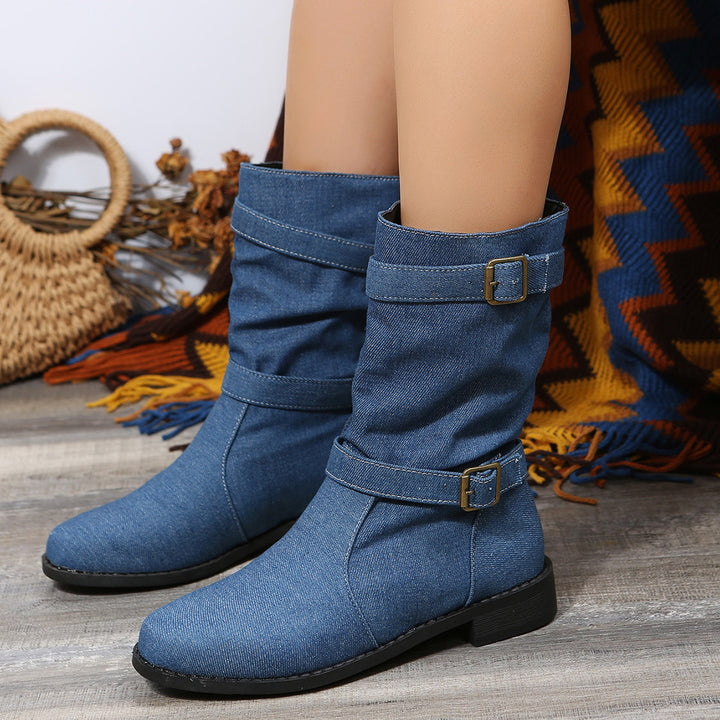 Damen nan lässige Slouch-Ankleboots mit zwei Zier-Riemen und dekorativen Metallschnallen Drune