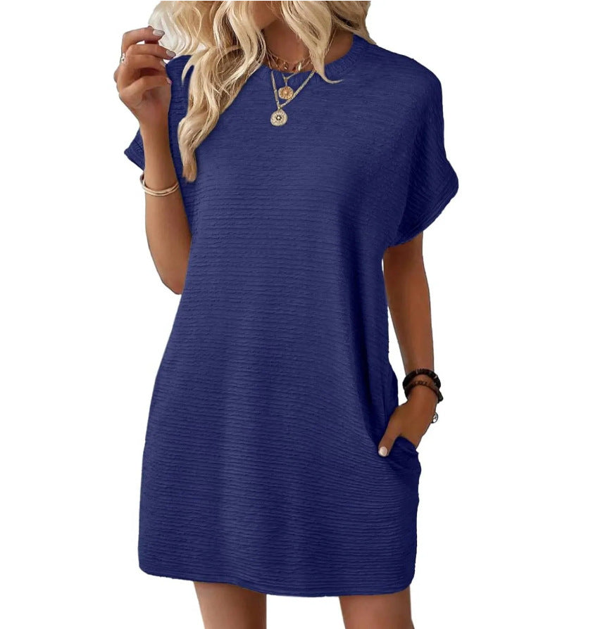 Damen lässiges Kurzarmkleid mit strukturiertem Stoff und seitlichen Taschen Drune