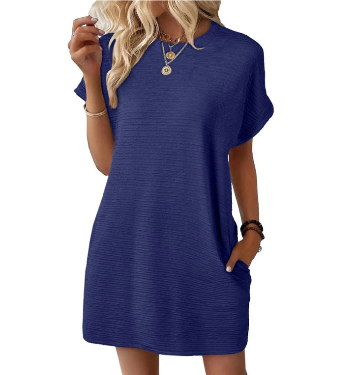 Damen lässiges Kurzarmkleid mit strukturiertem Stoff und seitlichen Taschen Drune