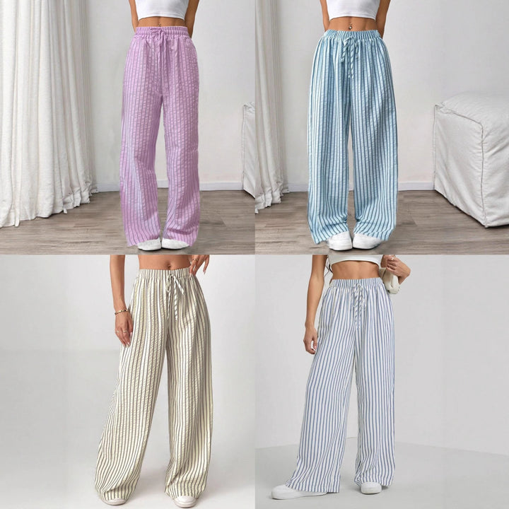 Damen weite gestreifte Stoffhose mit elastischem Bund und praktischen Taschen Drune
