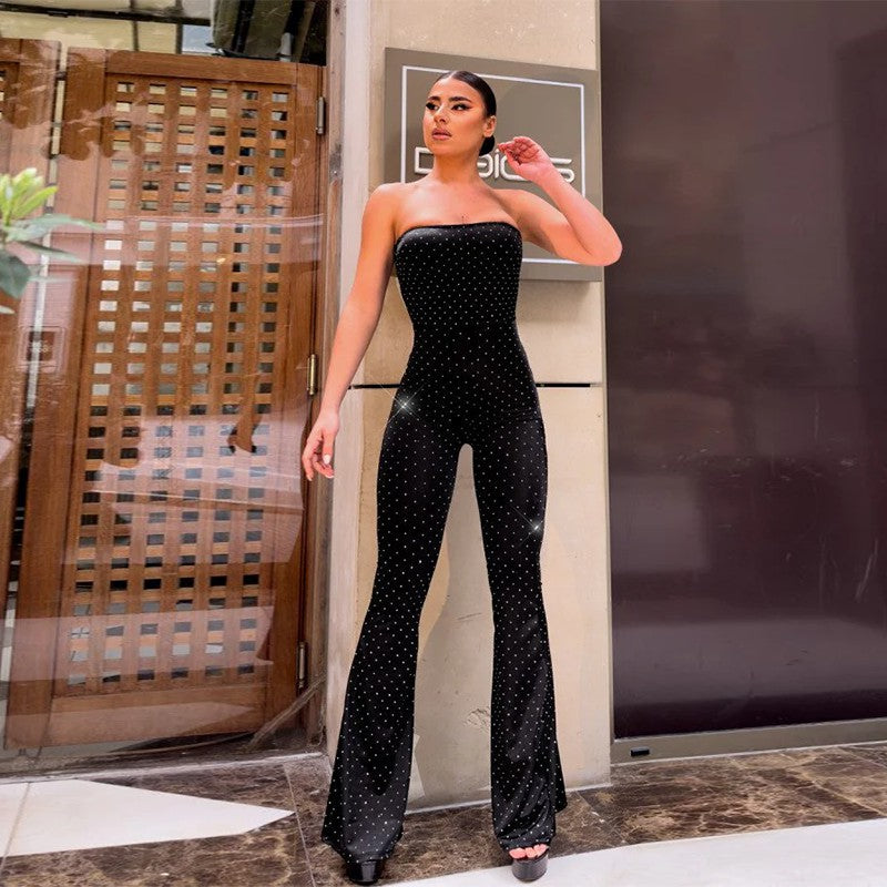 Damen schulterfreier Jumpsuit mit eleganten Pailletten und Schuhschnallen Drune